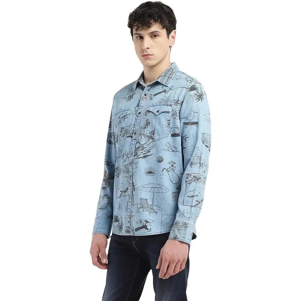 Levis Mens The Western Standard Fit‎ Denim Shirt Blue Beach Surf Print XL NWT